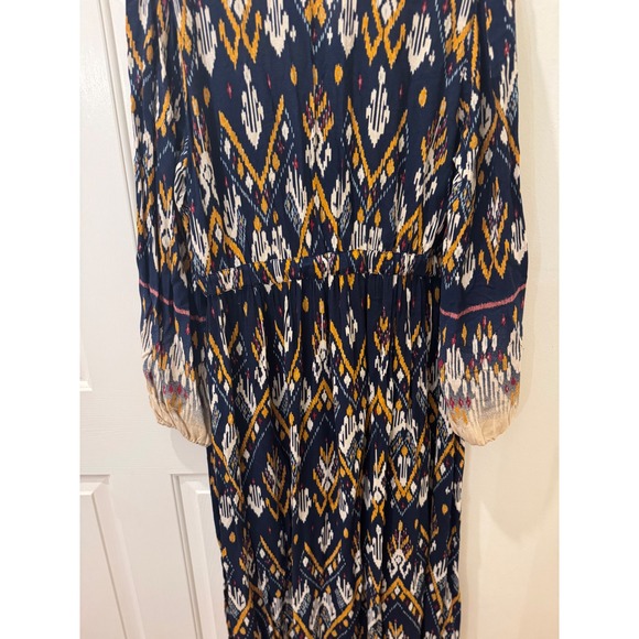 Wonderly Womens XL Navy Blue Ikat Print Embroidered Split Neck Maxi Dress Boho - Picture 8 of 8